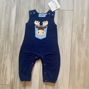 NWT Trotter Street Kids Navy Blue Moose Woodland Jon Jon Romper, size 6 Months